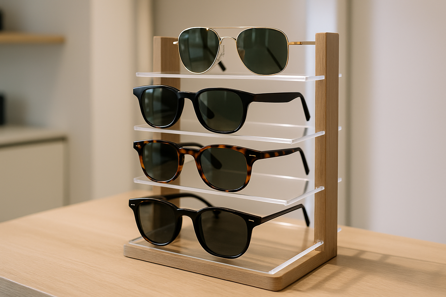 un présentoir avec plusieurs lunettes de soleil (tu peux prendre exemple sur celle dans mes produits)
